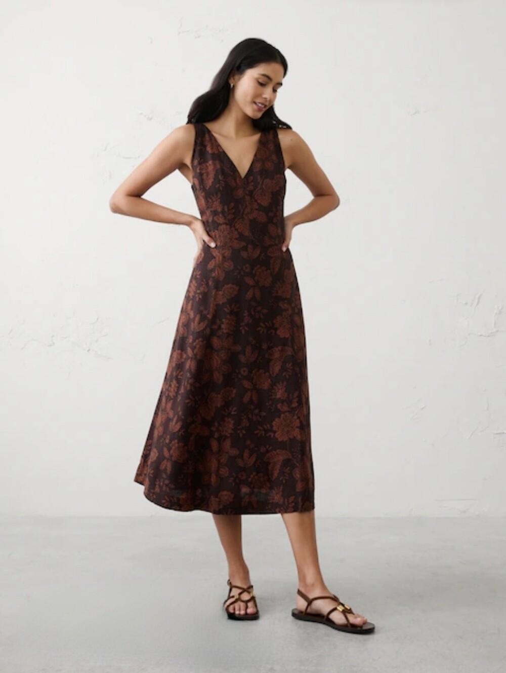 NWT Banana Republic Factory Brown Floral Linen-Blend Drapey Midi Dress Size M